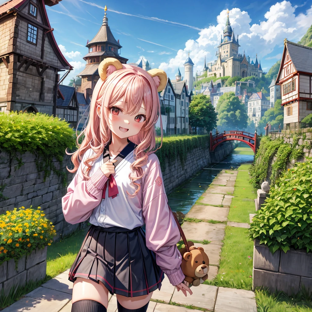 Pink Blonde、Red eyes、Wavy Hair、Hair tied up、Two cute、Checked mini skirt、black t-shirts、cardigan、Knee-high socks、bear ears baseball cap、Teeth are visible、Monster Castle、Tilting face、crossing the bridge、hazakura、windmill、grass、Stones are growing out of the ground.、A teddy bear is walking、Morning glory is blooming.、In front of the city gates、clock、Underground tunnels、Waterway、Small boat