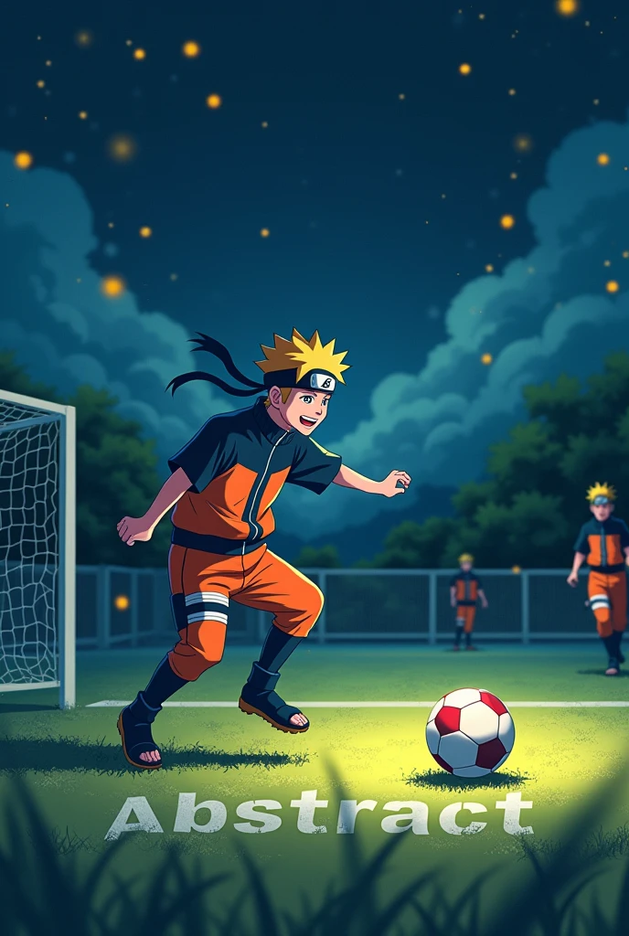 cute anime Naruto playing football at night with a written the word ABSTRACT written on the field