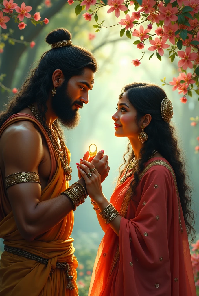 Lord Hanuman, with gentle eyes and a kind smile, presents Rama’s ring to Sita. Her eyes widen in surprise and relief as she recognizes the ring. The scene is filled with emotion, set against the background of the beautiful but sorrowful Ashok Vatika.