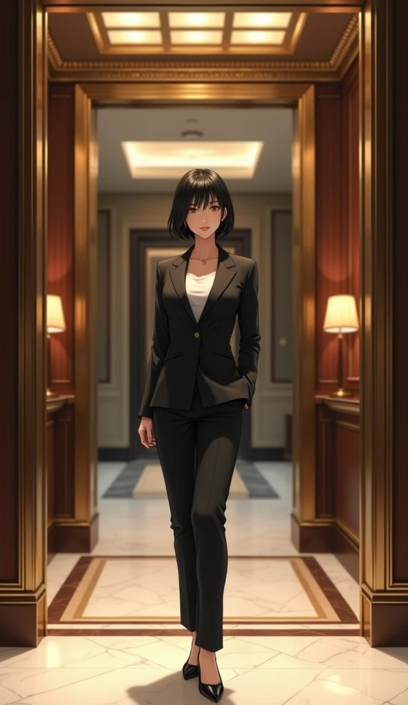 (Best quality, Japanese woman, 4, short black hair, (standing pose), luxury city hotel elevator hall, (elegant outfit:1.2))