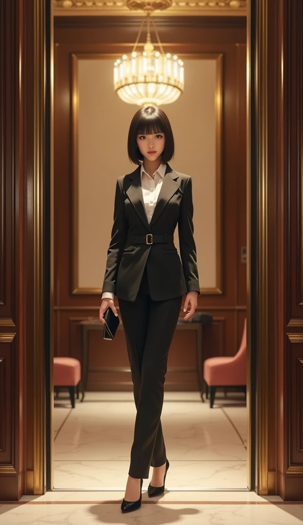(Best quality, Japanese woman, 4, short black hair, (standing pose), luxury city hotel elevator hall, (elegant outfit:1.2))