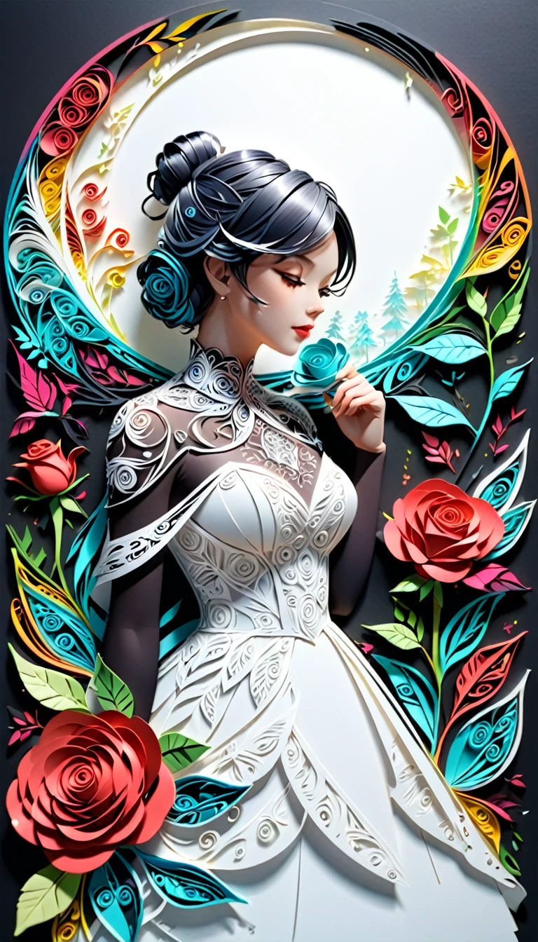 (hologram:1.5),The silhouette of a beautiful woman,Colorful rose,in the winter,White background,paper art,quilling paper art,zentangle, geomerty,3D render, Cinematic lighting effects