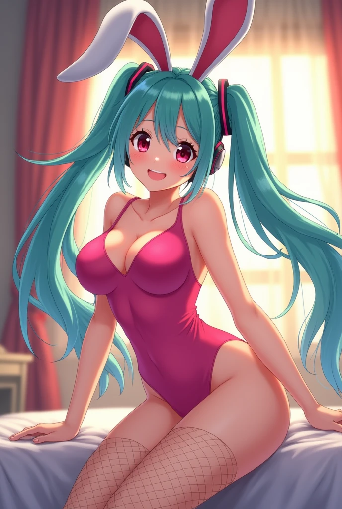 score_9, score_8_above, score_7_above, score_6_above, BREAK, fountain_cheered up, 1 girl, hatsune_Miku, big breasts, fishnet stockings, pink leotard, rabbit ears, cowboy shot, smile, half closed eyes, looking at the viewer, Alone, inside, bedroom,