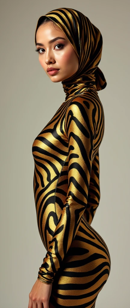 The beautiful,thin and clever asian muslimah adult girl with beautiful cheeks wears golden zebra print lycra footed turtleneck unitard catsuit covered with stripes and golden zebra lycra elastane stretchy dancewear square hijab covered with stripes.She puts her zebra animal face makeup very nice.