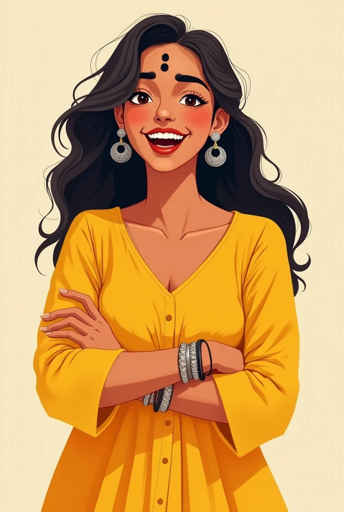 Create an illustration of a girl with yellowish brown skin wearing a yellow kurti with a small  black bindi and silver earrings and bangles open hair with dupatta standing with kajal in her eyes and a nude lipstick that compliments her skin tone laughing 