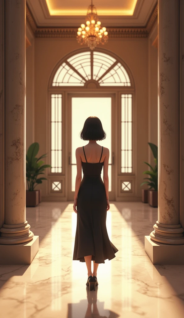 (masterpiece, 1girl, Japanese, 4, short black hair, (formal dress:1.2), standing in luxury hotel elevator hall, soft lighting)