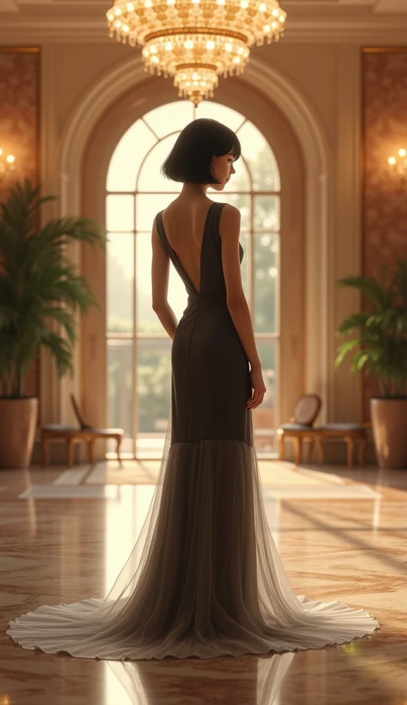 (masterpiece, 1girl, Japanese, 4, short black hair, (formal dress:1.2), standing in luxury hotel elevator hall, soft lighting)
