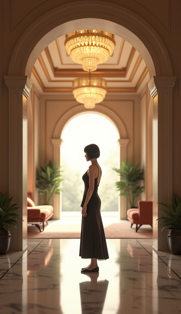 (masterpiece, 1girl, Japanese, 4, short black hair, (formal dress:1.2), standing in luxury hotel elevator hall, soft lighting)
