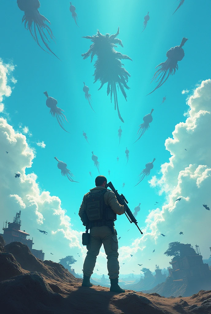 A person holding a mechane gun and foreign 100000 people and people start flying into air and get there weapons from sky and start fireing that person in blue sky