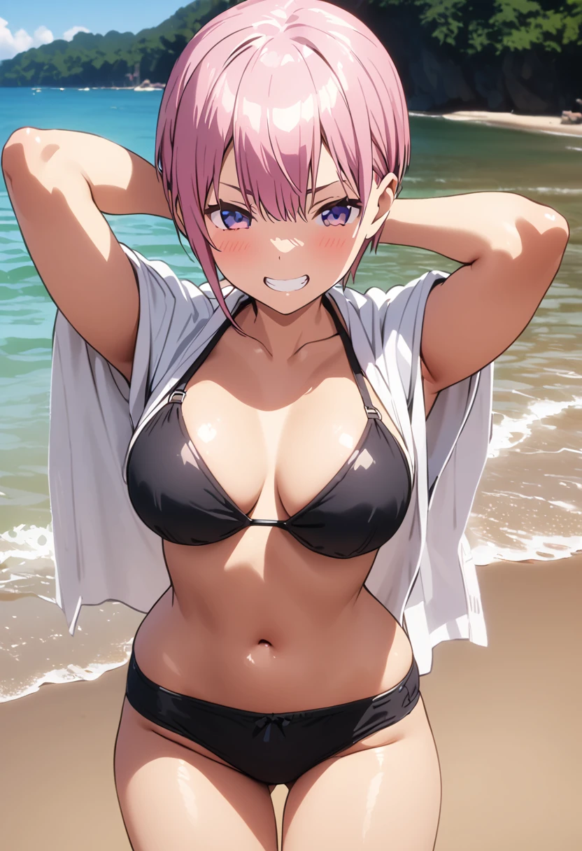 (Highest quality, 4K, 8k, High resolution, masterpiece:1.2), Very detailed, Picturesque, Animated Photography, Photo Animation:1.37)、A Japanese schoolgirl、(Pink Hair)、(Pixie Cut)、(Black underwear)、bikini、(bikini color:random)、black cheokr、 on beach、grin,white teeth、arms behind head、straight-on、Full body photography、Nakano ichika
