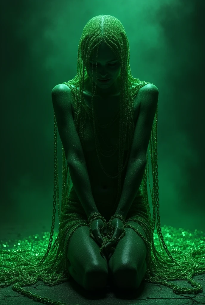 A shadow on its knees tied to chains of green glitter
