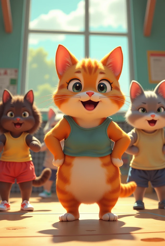 Group Workout - Motivation Boost:
Scene: The cat-human is in a group workout class, surrounded by other anthropomorphic animals or humans. They are all doing a simple exercise like squats or jumping jacks, with the cat-human in the middle, looking determined and more energized. The character still has a round shape but looks more confident and motivated. The background should be a vibrant, energetic gym class setting, with bright colors and a fun atmosphere. The scene should emphasize the sense of community and motivation gained from working out with others. Make it realistis