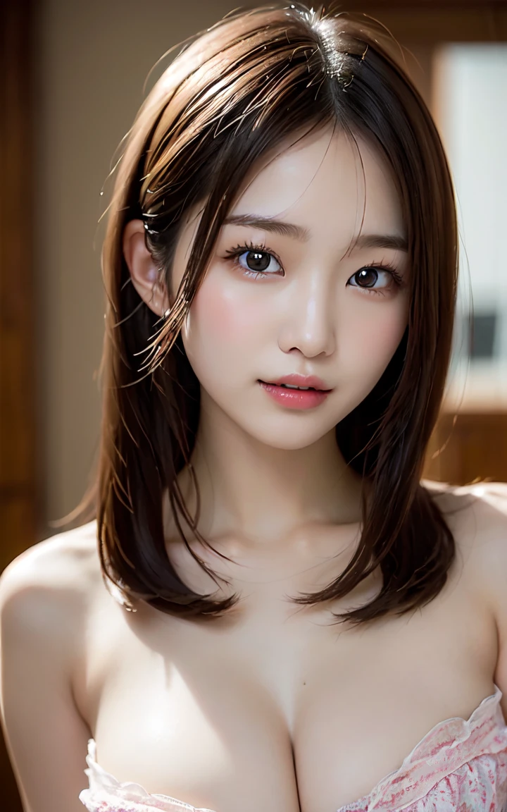 incredibly absurd, beautiful and cute 20-year-old Korean girl with a photorealistic face, showcasing top-quality craftsmanship. Her slender frame adorned with short, messy hair. The artwork high-resolution, allowing for ultra-detailed features to be captured flawlessly. The focus lies on the realistic pupils, showcasing depth and emotion. ((breasts out)) cute smile.