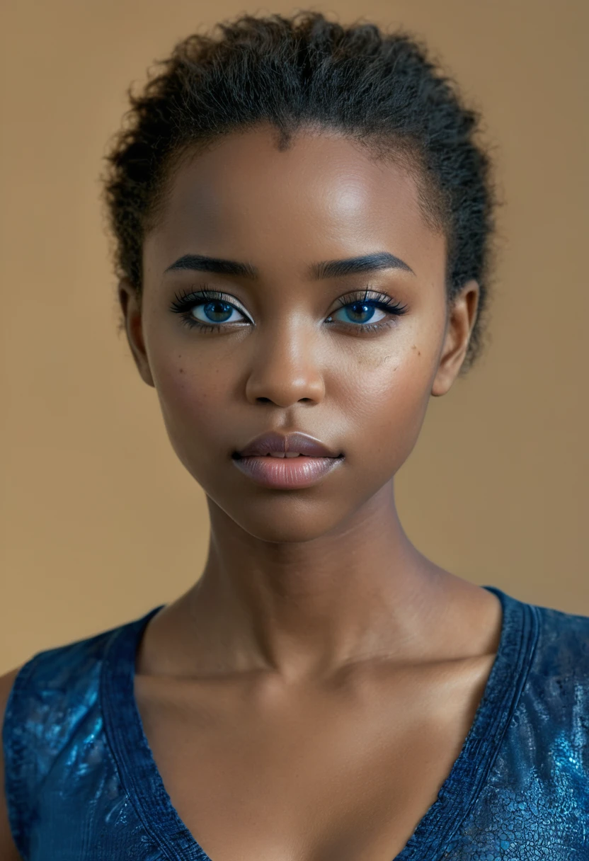 Full shot of America lady, short, blue top, posing, blue clothing, full body, detailed background, ultradetailed, HD, 8K, highlights, good lighting, ((art by Emmanuelle Moureaux and (Wangechi Mutu:1.1))), nostalgia , Professional high detail photography, detailed skin, textured skin, skin pores, skin details, ((detailed pupils)), high details, photorealistic, sharp focus, nikon d7500 24mm, f/1.4, ISO 100, 1/ 1600s, UHD k, RAW, unedited photography, depth of field, bokeh, dramatic