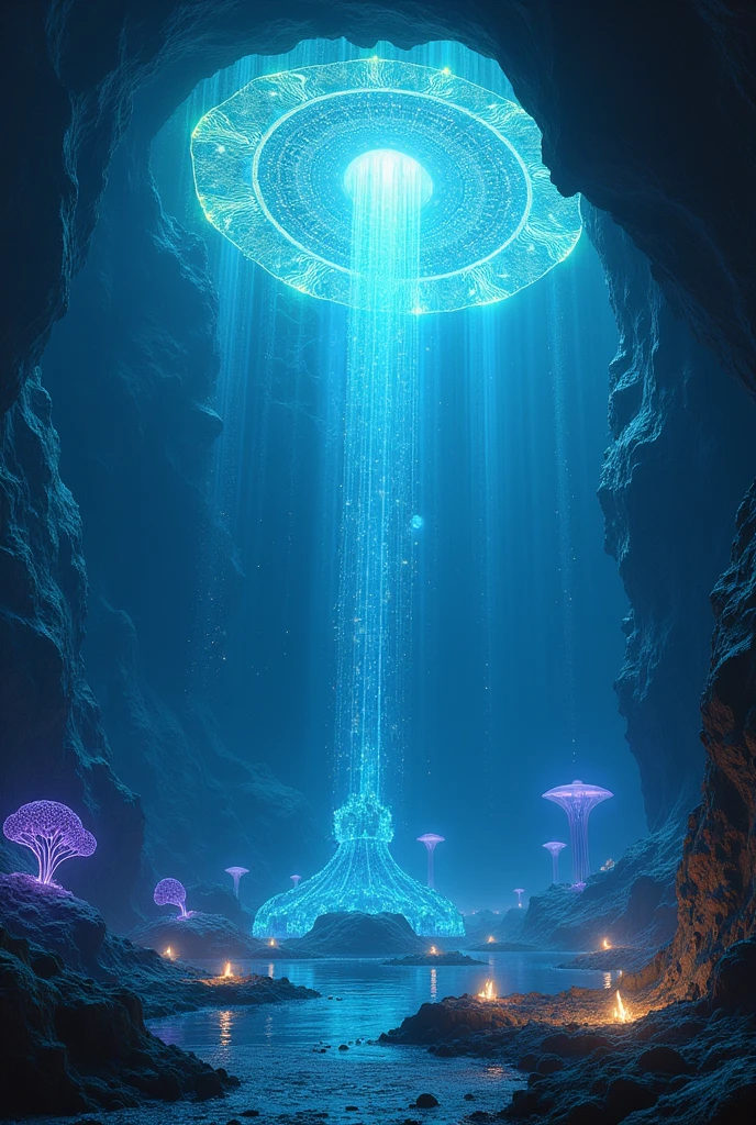 Imagine a vast underwater world called Aquaeternum, where the abyssal darkness is broken only by the flashes of intelligent creatures that have developed an advanced civilization based on bioluminescence. This world is located in a deep ocean on a distant planet, almost entirely covered by water. The cities of Aquaeternum, known as Luminara, They are built in gigantic organic glass domes that allow their inhabitants, The Luminaries, Harness bioluminescence to both light and power your society. The Luminaries are elegant beings with translucent bodies, Liquid crystal-like texture, that emit a soft light from their internal organs. Their biology allows them to manipulate the intensity and color of their light to communicate., create technology, and even shape its environment. Your society has created structures and vehicles that operate through light energy., allowing them to move quickly across the vast oceans and explore the darkest and most mysterious corners of the planet. Lighting technology is based on networks of symbiotic organisms that generate light and energy., Feeding cities and machines. These networks resemble trees of light, whose luminous branches extend throughout Luminara, Connecting every home and building. The architecture of Aquaeternum is fluid and organic, with shapes that imitate corals, jellyfish and other marine life, all shining with different shades of blue, green and violet. The Luminaries have developed a rich culture of light art., where they create temporary masterpieces in the water using jets of light that intertwine and dance in the oceanic void. In your society, Bioluminescence is both a tool and an art, a form of expression and a source of power. En Aquaeternum, light is life, and darkness is nothing more than a canvas to be painted with the vibrant lights of their civilization.