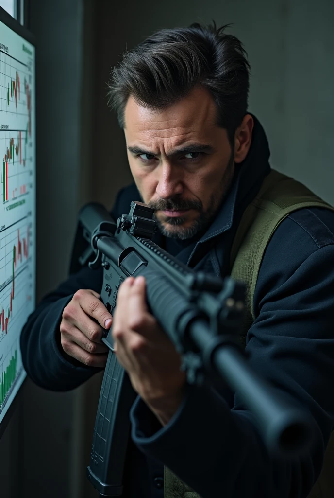 forex trader with m4 rifle guns leaning against the wall while looking at the forex chart