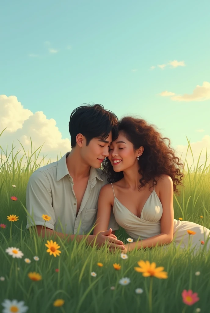 Masterpiece, best quality, {best quality}, {{masterpiece}}, {highres}, {{{field field}}, extremely detailed couple, illustration, couple, 1boy, 1girl, couple, love, love, romantic, sharp focus, male focus, female focus, black hair, violet eyes, sun, sunlight, lifting, surprised, envy, orange sky, t-shirts, men's leisure clothes, expressionless, women's fashion
