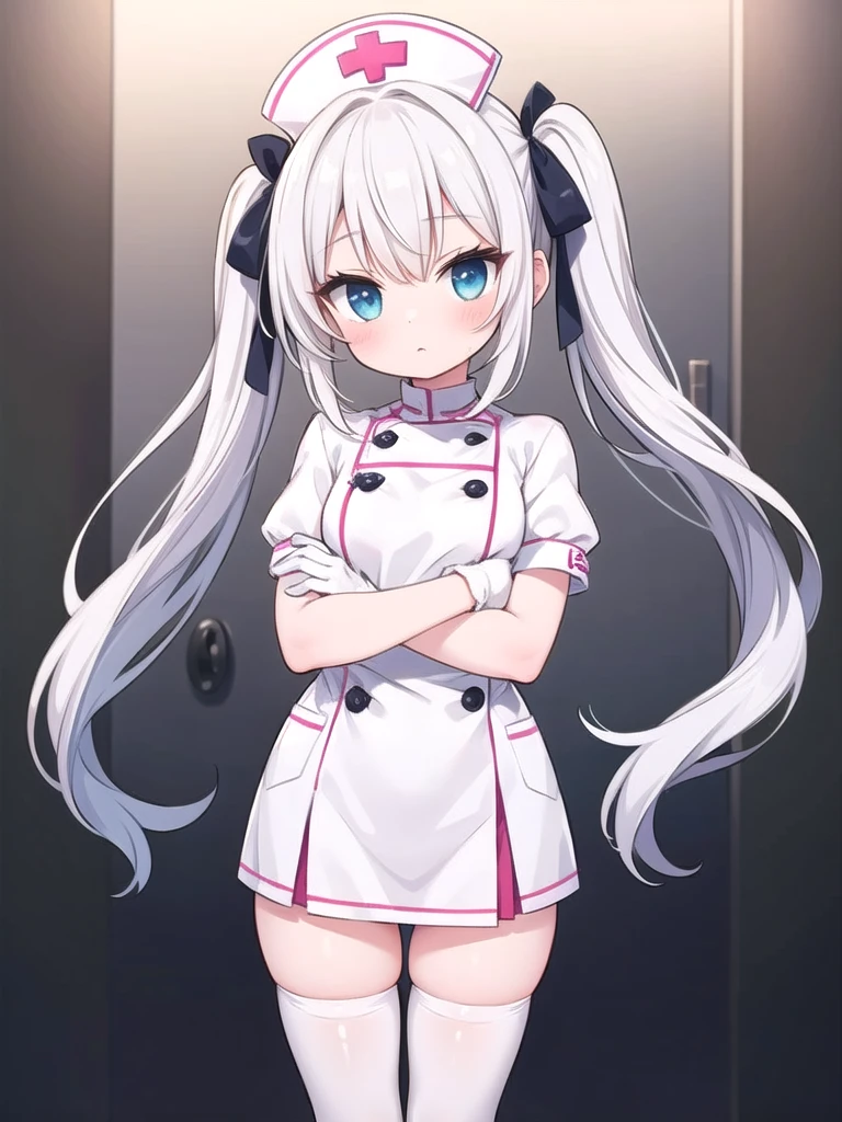 1girl, masterpiece, best quality, perfect hands, very long hair, white hair, white thighhighs, twintails, hair ribbon, nurse, nurse cap, white nurse uniform, zettai ryouiki, white gloves, twintails, crossed arms, standing, short sleeves
