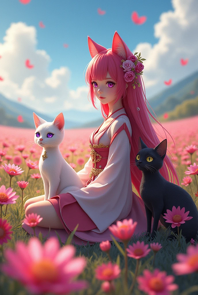 Draw a picture of a young woman with waist-length hair that is light red., Purple eyes like a galaxy, Wearing a Liyue style outfit in the game Genshin Impact, sitting in the middle of a vast flower field with two cats, the first one is a white cat., Two-colored eyes, blue and yellow, staring at a young woman nearby. Another one is smudged, black and gold, sitting on a young woman's lap.