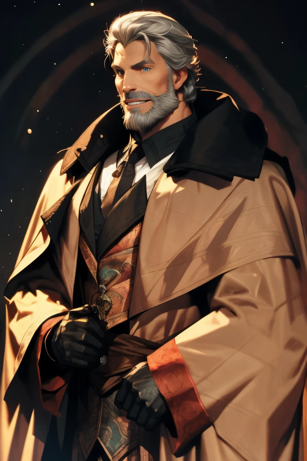 1man, vampire, handsome, pale grey skin, prominent muscular body, big bulge, seems longer fangs, smile, shining red eyes, Art Nouveau Style, wearing Nouveau Suitcoat paired in Psychedelic shoulders robe and covered up, nouveau-psychedelic background, hd, high quality, realistic-style, ultra-realistic, hyperrealistic, closer distance face, closer distance head, his distance pressing against me, 8k resolution