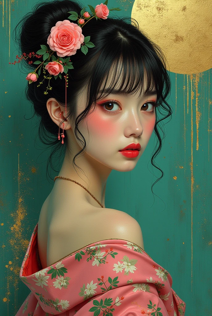 Arms behind back, masterpiece, best quality, dynamic, cinematic, mystical, beautuful japanese girl, beautiful detailed eyes, beautiful detailed lips, extremely detailed eyes and face, long eyelashes, teacherly pose, advanced modern expressionism, rich textures, amalgamation of modern and classical influences, diverse materials, high contrast, pink rose, vivid colors, gold liquid splatter, emerald green background, breathtaking color palette, flowing elegance, sharp geometric symbolism, Leyendecker, Jackson Pollock splatter dynamics, Gustav Klimt ornamental gold, chiaroscuro, kaleidoscopic, multidimensional, ethereal glow, captivating uniqueness, surreal juxtapositions, visual symphony, unforgettable visual narrative, edgy, mathematical, simple-shaped vectors, highly modern, stylistic, polygonal abstraction, vector art, bold lines, minimalist color scheme, digital art, abstract geometry