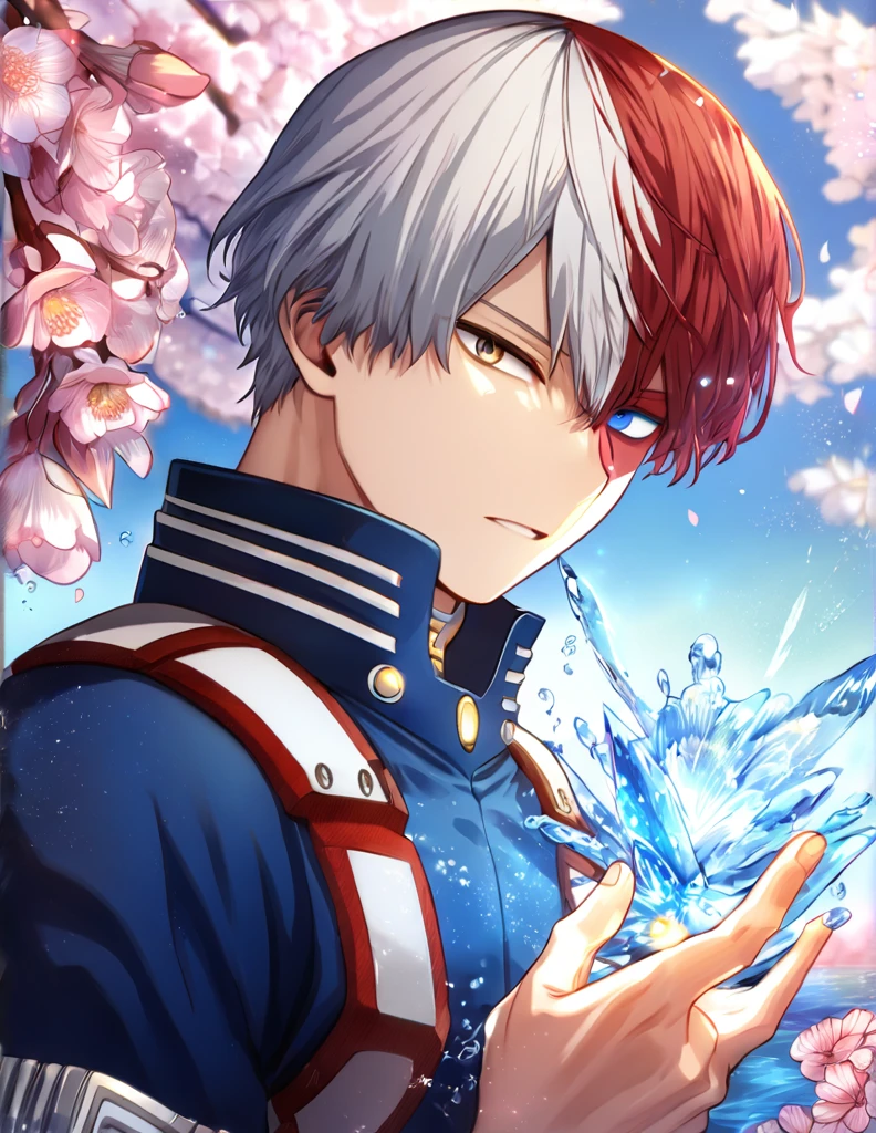 Ultra detailed, highres, absurdres, HDR, master piece, Todoroki Shouto, bicolor hair, right side is white, left side is red, heterochromia, right eye is grey, left eye is blue, Boku No Hero Academia, fantasy, pink petals, water, pink flowers, handsome, sexy man, solo, best quality, blossoms, blue shining fireflies, blue clothes, ice and fire, magical, 