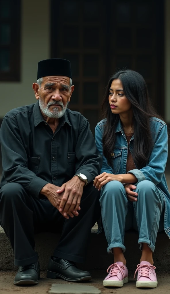 A 60 year old Indonesian man, wear a black Muslim cap, baju batik dan long pants, wearing leather shoes, sad face facing the camera while hugging beautiful Indonesian woman, fair skin, big nose, long wavy hair, wearing a denim jacket, long pants, wearing pink sneakers, sit down, sad face facing the camera, in front of the country house, in the dark night, minimal defects, very detail, realistic, 8K picture