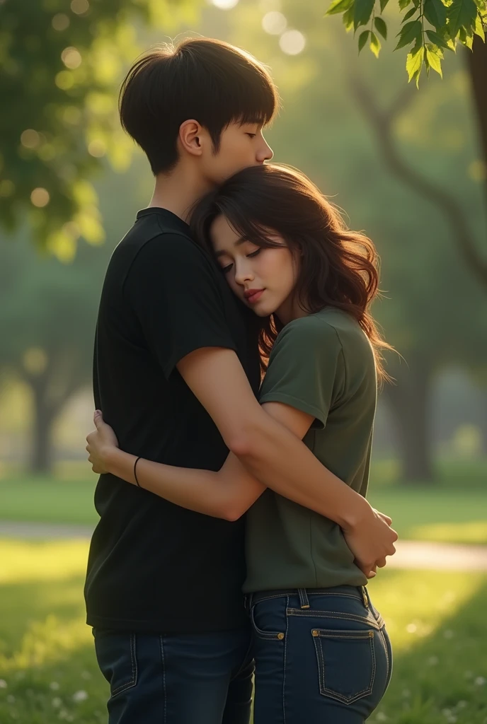 Byun Baekhyun hugging a brunette woman with medium length hair, dressed in black t-shirt and dark blue jeans. We don't see the woman's face, they are in a park