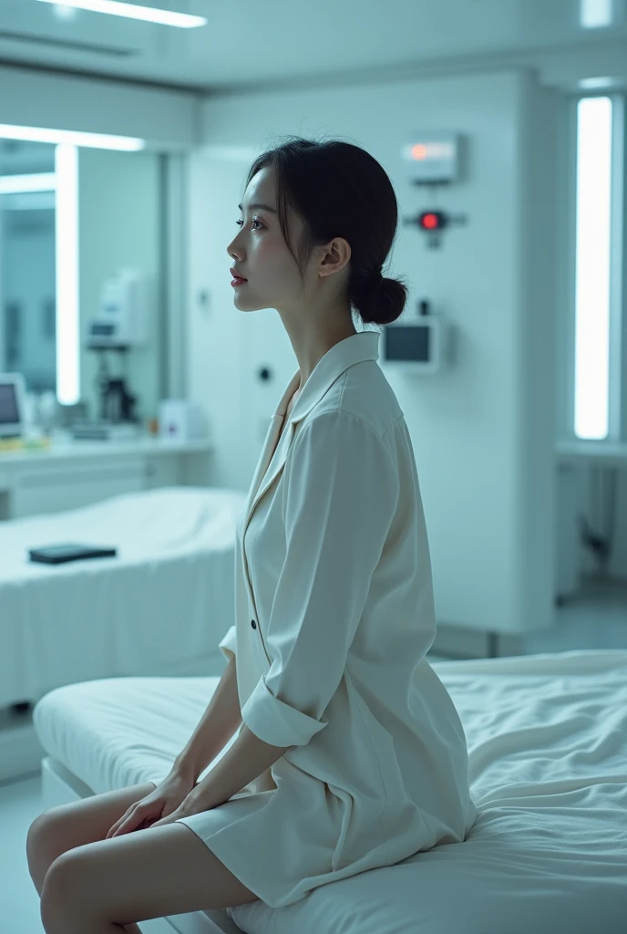 beautiful woman, sitting on bed, in a modern laboratory