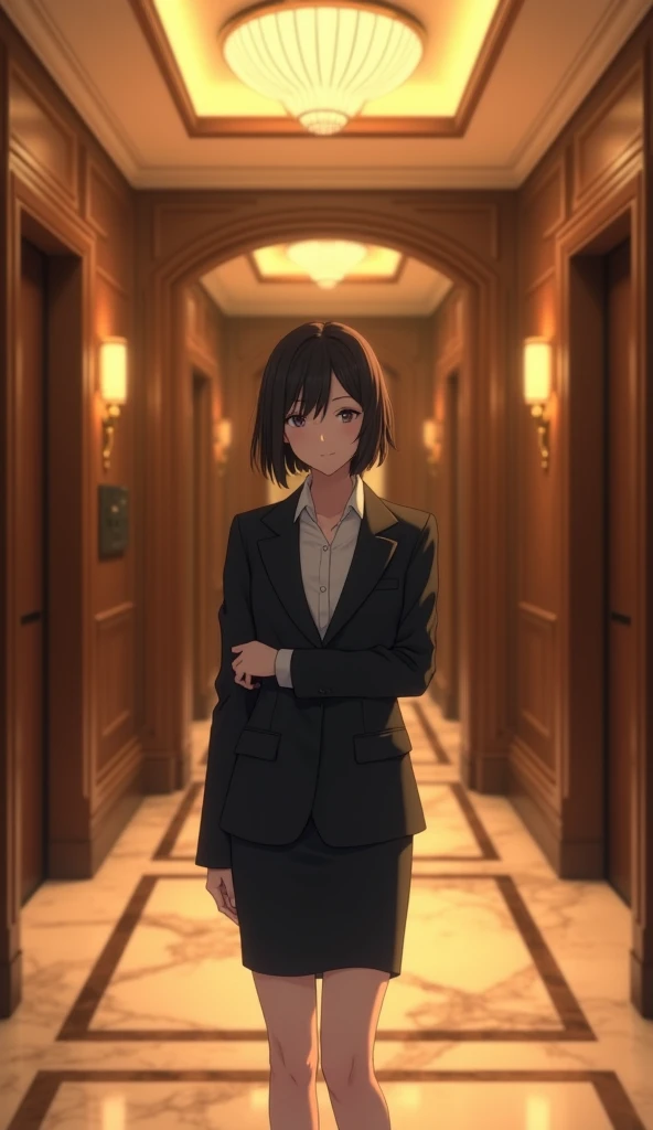 (1girl, Japanese, 4, short black hair, (wearing a blazer), standing in elevator hall of luxury city hotel, (warm lighting:1.3))