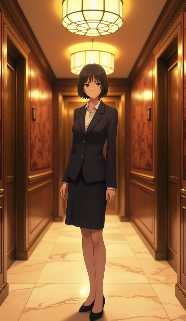 (1girl, Japanese, 4, short black hair, (wearing a blazer), standing in elevator hall of luxury city hotel, (warm lighting:1.3))

