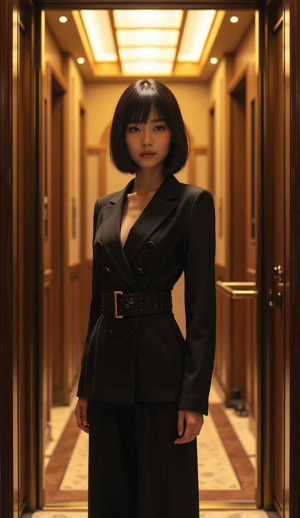 (masterpiece, 1girl, Japanese, 4, short black hair, standing in luxury hotel elevator hall, (stylish outfit), (elegant atmosphere))