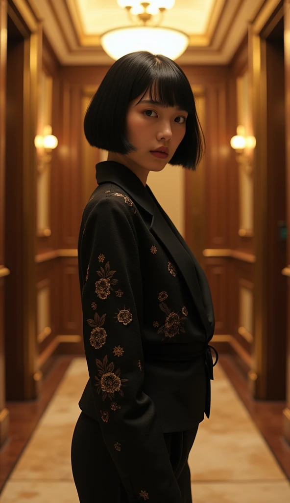 (masterpiece, 1girl, Japanese, 4, short black hair, standing in luxury hotel elevator hall, (stylish outfit), (elegant atmosphere))