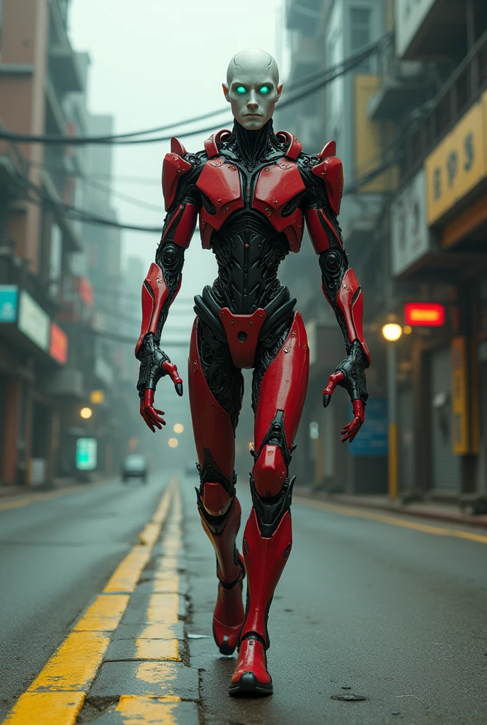 Full length view. (cyborg man with a weapon in his hands) Bold, threatening look. Red and black exoskeleton male cyborg. A dynamic picture, the whole body of a cyborg in motion walks along the street of a futuristic city. with crane-yellow stripes. --ar 9:16 --ar 1:2 Porcelain face and head, no hair, detailed realistic close-up, dirt, dust,
Canon 5d cinematic frame, ultra skin, porcelain face and head, beautiful hands, detailed macro, photography, cool look, action, big turquoise eyes, perfect eyes, best quality, extremely sharp focus on face, minimalism. full-length cyborg woman, whole body in motion, subtleties of analog cinema, post-apocalyptic,
cinematic, realistic, fashionable art station. Studio photography details in focus Very busy Rutkow complex Raw 4k 8k Isometric digital smog, 3D rendering, porcelain face and head. Volume Octane Number Science Fiction Artistic Masterpiece Sinister Matte Painting Movie Poster, Golden Ratio, cgsociety,
Ultra HD, Realism, Vivid Colors, High Detail, UHD Painting, Pen and Ink, Perfect Composition, Beautiful Detailed Complex Insanely Detailed Octane Rendering, Trending on Artstation, 8k Art Photography, Photorealistic Concept Art, Soft Natural Atmosphere, Perfect Cinematic Lighting ,
the effect of broken glass, the absence of a background, amazing, something that doesn’t even exist.--ar 9:16 --ar 1:2