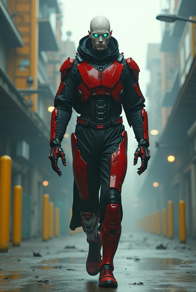 Full length view. (cyborg man with a weapon in his hands) Bold, threatening look. Red and black exoskeleton male cyborg. A dynamic picture, the whole body of a cyborg in motion walks along the street of a futuristic city. with crane-yellow stripes. --ar 9:16 --ar 1:2 Porcelain face and head, no hair, detailed realistic close-up, dirt, dust,
Canon 5d cinematic frame, ultra skin, porcelain face and head, beautiful hands, detailed macro, photography, cool look, action, big turquoise eyes, perfect eyes, best quality, extremely sharp focus on face, minimalism. full-length cyborg woman, whole body in motion, subtleties of analog cinema, post-apocalyptic,
cinematic, realistic, fashionable art station. Studio photography details in focus Very busy Rutkow complex Raw 4k 8k Isometric digital smog, 3D rendering, porcelain face and head. Volume Octane Number Science Fiction Artistic Masterpiece Sinister Matte Painting Movie Poster, Golden Ratio, cgsociety,
Ultra HD, Realism, Vivid Colors, High Detail, UHD Painting, Pen and Ink, Perfect Composition, Beautiful Detailed Complex Insanely Detailed Octane Rendering, Trending on Artstation, 8k Art Photography, Photorealistic Concept Art, Soft Natural Atmosphere, Perfect Cinematic Lighting ,
the effect of broken glass, the absence of a background, amazing, something that doesn’t even exist.--ar 9:16 --ar 1:2
