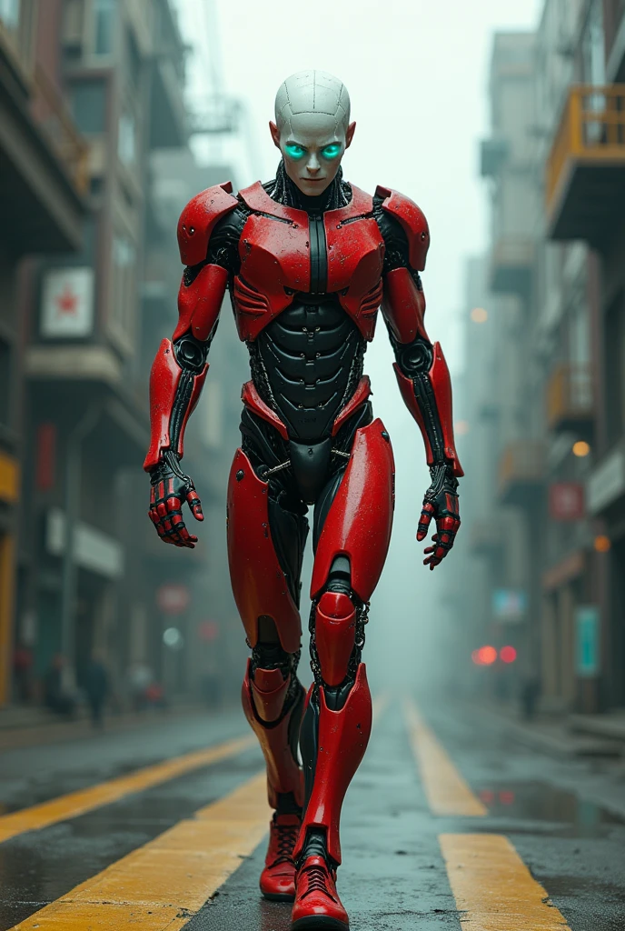 Full length view. (cyborg man with a weapon in his hands) Bold, threatening look. Red and black exoskeleton male cyborg. A dynamic picture, the whole body of a cyborg in motion walks along the street of a futuristic city. with crane-yellow stripes. --ar 9:16 --ar 1:2 Porcelain face and head, no hair, detailed realistic close-up, dirt, dust,
Canon 5d cinematic frame, ultra skin, porcelain face and head, beautiful hands, detailed macro, photography, cool look, action, big turquoise eyes, perfect eyes, best quality, extremely sharp focus on face, minimalism. full-length cyborg woman, whole body in motion, subtleties of analog cinema, post-apocalyptic,
cinematic, realistic, fashionable art station. Studio photography details in focus Very busy Rutkow complex Raw 4k 8k Isometric digital smog, 3D rendering, porcelain face and head. Volume Octane Number Science Fiction Artistic Masterpiece Sinister Matte Painting Movie Poster, Golden Ratio, cgsociety,
Ultra HD, Realism, Vivid Colors, High Detail, UHD Painting, Pen and Ink, Perfect Composition, Beautiful Detailed Complex Insanely Detailed Octane Rendering, Trending on Artstation, 8k Art Photography, Photorealistic Concept Art, Soft Natural Atmosphere, Perfect Cinematic Lighting ,
the effect of broken glass, the absence of a background, amazing, something that doesn’t even exist.--ar 9:16 --ar 1:2