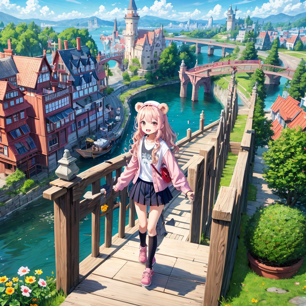 Pink Blonde、Red eyes、Wavy Hair、Hair tied up、Two cute、Checked mini skirt、black t-shirts、cardigan、Knee-high socks、bear ears baseball cap、Teeth are visible、Monster Castle、Tilting face、crossing the bridge、hazakura、windmill、grass、Stones are growing out of the ground.、A teddy bear is walking、Morning glory is blooming.、In front of the city gates、clock、Underground tunnels、Waterway、Small boat