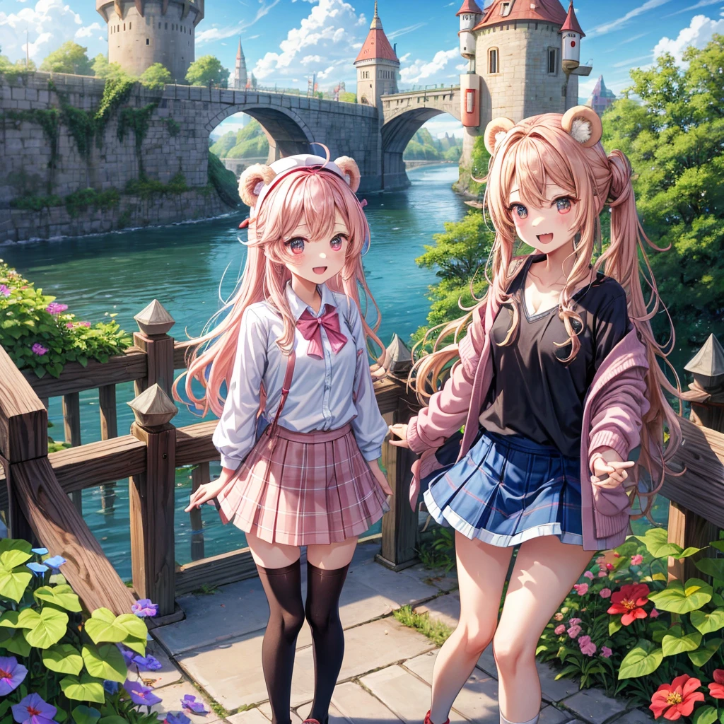 Pink Blonde、Red eyes、Wavy Hair、Hair tied up、Two cute、Checked mini skirt、black t-shirts、cardigan、Knee-high socks、bear ears baseball cap、Teeth are visible、Monster Castle、Tilting face、crossing the bridge、hazakura、windmill、grass、Stones are growing out of the ground.、A teddy bear is walking、Morning glory is blooming.、In front of the city gates、clock、Underground tunnels、Waterway、Small boat