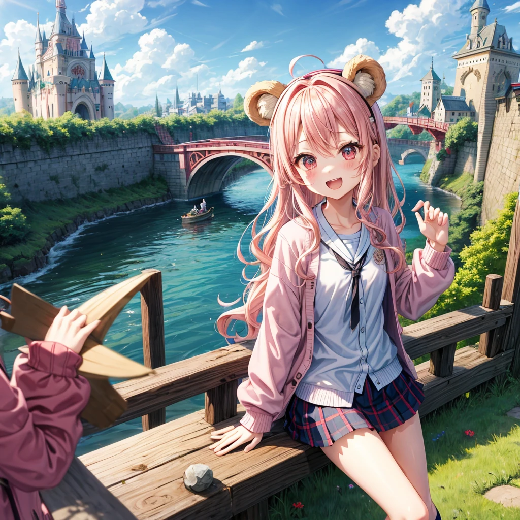 Pink Blonde、Red eyes、Wavy Hair、Hair tied up、Two cute、Checked mini skirt、black t-shirts、cardigan、Knee-high socks、bear ears baseball cap、Teeth are visible、Monster Castle、Tilting face、crossing the bridge、hazakura、windmill、grass、Stones are growing out of the ground.、A teddy bear is walking、Morning glory is blooming.、In front of the city gates、clock、Underground tunnels、Waterway、Small boat