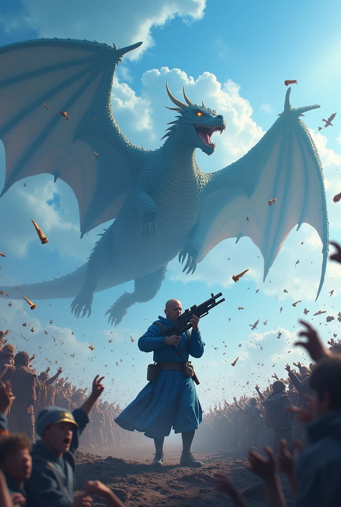 A person holding a mechane gun and foreign 100000 people and people start flying into air and get there weapons from sky and start fireing that person in blue sky and a dragon come to save the people
