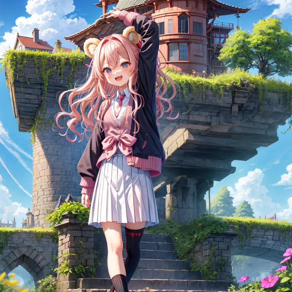 Pink Blonde、Red eyes、Wavy Hair、Hair tied up、Two cute、Checked mini skirt、black t-shirts、cardigan、Knee-high socks、bear ears baseball cap、Teeth are visible、Monster Castle、Tilting face、crossing the bridge、hazakura、windmill、grass、Stones are growing out of the ground.、A teddy bear is walking、Morning glory is blooming.、In front of the city gates、clock、Underground tunnels、Waterway、Small boat