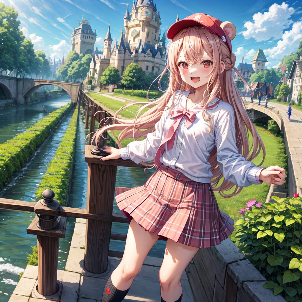 Pink Blonde、Red eyes、Wavy Hair、Hair tied up、Two cute、Checked mini skirt、black t-shirts、cardigan、Knee-high socks、bear ears baseball cap、Teeth are visible、Monster Castle、Tilting face、crossing the bridge、hazakura、windmill、grass、Stones are growing out of the ground.、A teddy bear is walking、Morning glory is blooming.、In front of the city gates、clock、Underground tunnels、Waterway、Small boat