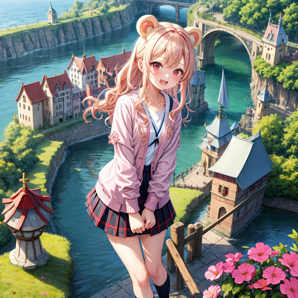 Pink Blonde、Red eyes、Wavy Hair、Hair tied up、Two cute、Checked mini skirt、black t-shirts、cardigan、Knee-high socks、bear ears baseball cap、Teeth are visible、Monster Castle、Tilting face、crossing the bridge、hazakura、windmill、grass、Stones are growing out of the ground.、A teddy bear is walking、Morning glory is blooming.、In front of the city gates、clock、Underground tunnels、Waterway、Small boat
