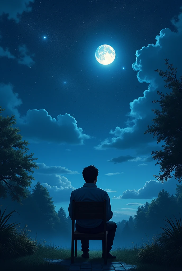 The alone man sitting the chair and watching the sky and moon stars at night time and feel it