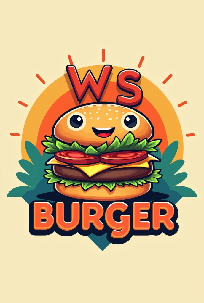 I want a brand logo with vibrant colors, 1970s style burger shop with initials WS