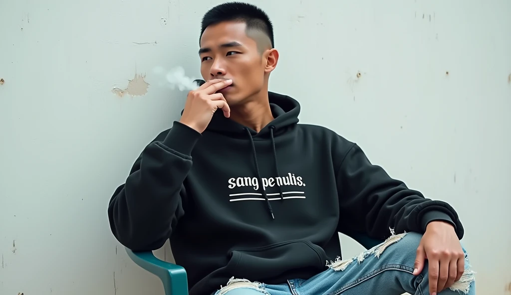 picture of tanned japanese man, black hair, crew cut hair style, clean face, wearing black hoodie write big "SANG PENULIS" (two lines) on long cut hoodie and torn black jeans, back ground is white wall, vibrant, ((Masterpiece, Top Quality, High Resolution, Photorealistic, Raw, 8K)), Sitting on a plastic chair and leaning back, exhaling smoke from his mouth, smoking casually, also giving a smoke effect. White painted wall background bored, realistic