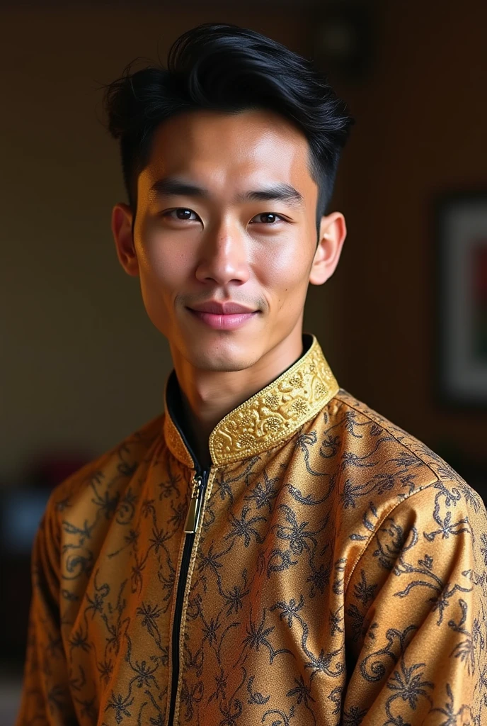 My name is Alif, i have fair skin with an acne just a little bit, i am handsome and cute, pelase make me wearing baju songket melayu