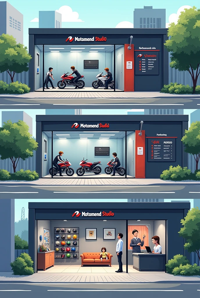 Generate a realistic, horizontally more part by part room 1 part Service point, 2 part waiting room, 3 part payment reciption extended image of a one-floor bike servicing center named 'MotoMend Studio' in a roadside city area. The design should clearly show three sections: a service point with three mechanics working on bikes visible through a glass front, a customer waiting room with comfortable seating and customers waiting, and a reception area on one side. Also, include a corner with a showcase wall displaying parts, helmets, and engine oil. The center should be clean, organized, and modern. The exterior should feature a well-paved road, a few trees, and surrounding buildings, creating a lively city atmosphere. The 'MotoMend Studio' branding should be prominently displayed on the glass door and signage one floor and one side customer wait in sofa hand tea