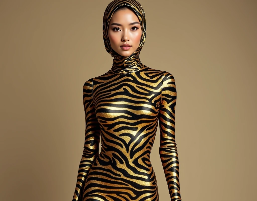The beautiful,thin and clever asian muslimah adult girl with beautiful cheeks wears golden zebra print lycra footed turtleneck unitard catsuit covered with stripes and golden zebra lycra elastane stretchy dancewear square hijab covered with stripes.She puts her zebra animal face makeup very nice.