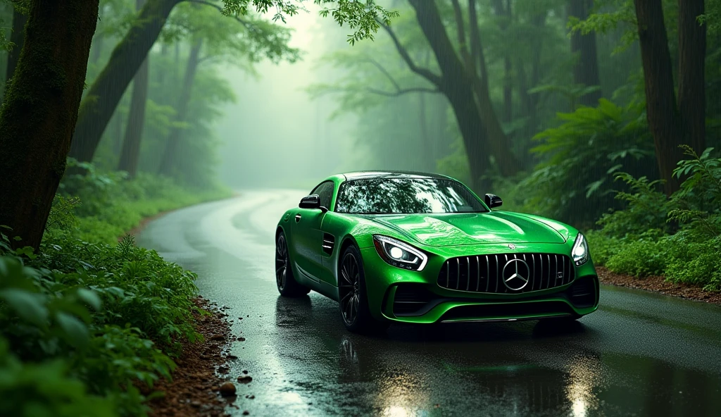 Mercedes benz green colour on the road of forest with rain